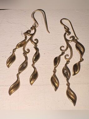 Vintage Pranda 925 Sterling Silver Gold Vermeil Leaf Dangle Drop Earrings Signed
